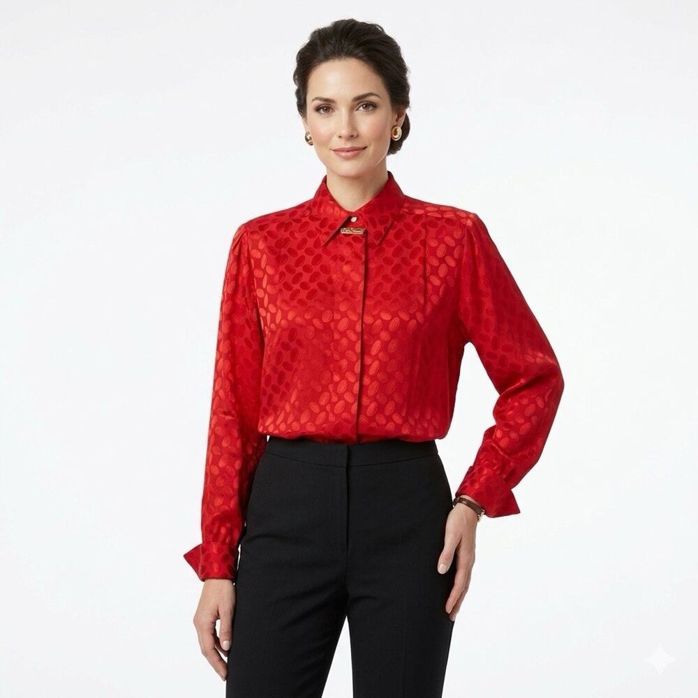 Vintage OLEG CASSINI Red Silk Button Up Blouse Women’s Size 14 French Cuffs